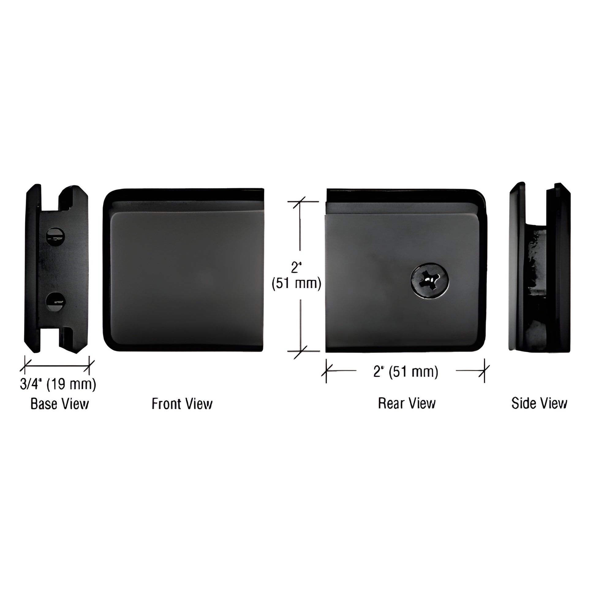 Matte-black beveled brass wall-mount glass clamp BGCU1GM, multiple views with dimensions, fits 10-12mm (3/8-1/2") glass