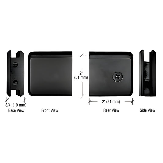 Matte-black beveled brass wall-mount glass clamp BGCU1GM, multiple views with dimensions, fits 10-12mm (3/8-1/2") glass