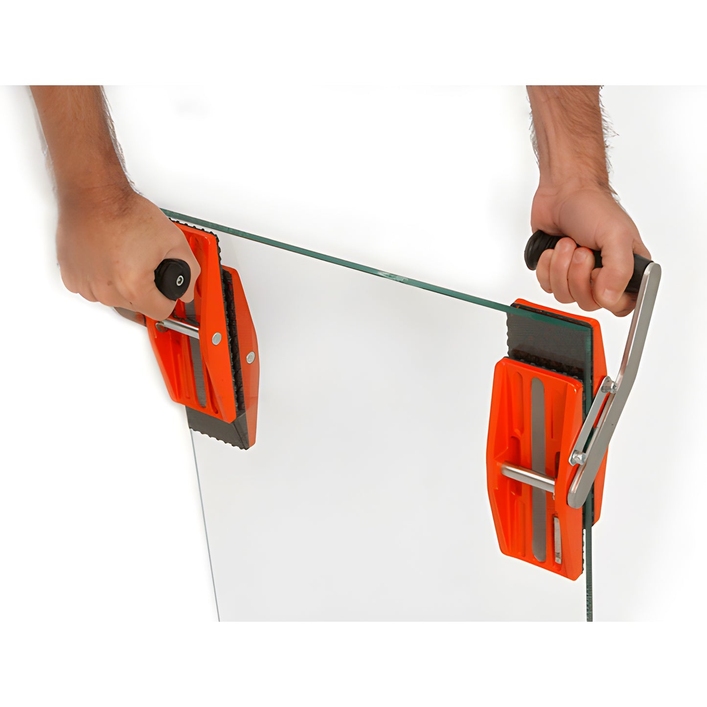 Pair of orange CRL GG1 single-grip glass grippers (220 lb) clamped on a sheet of glass, black handles and serrated pads.