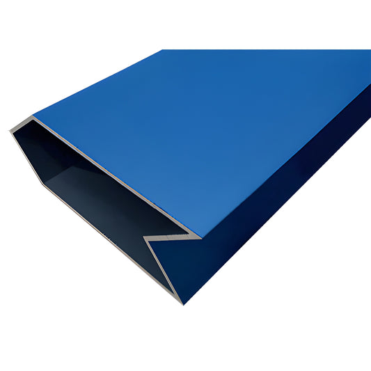 Blue Kynar finish 6063 T5 extruded aluminum curtain wall face cap/profile, angled section - SKU 0G79071
