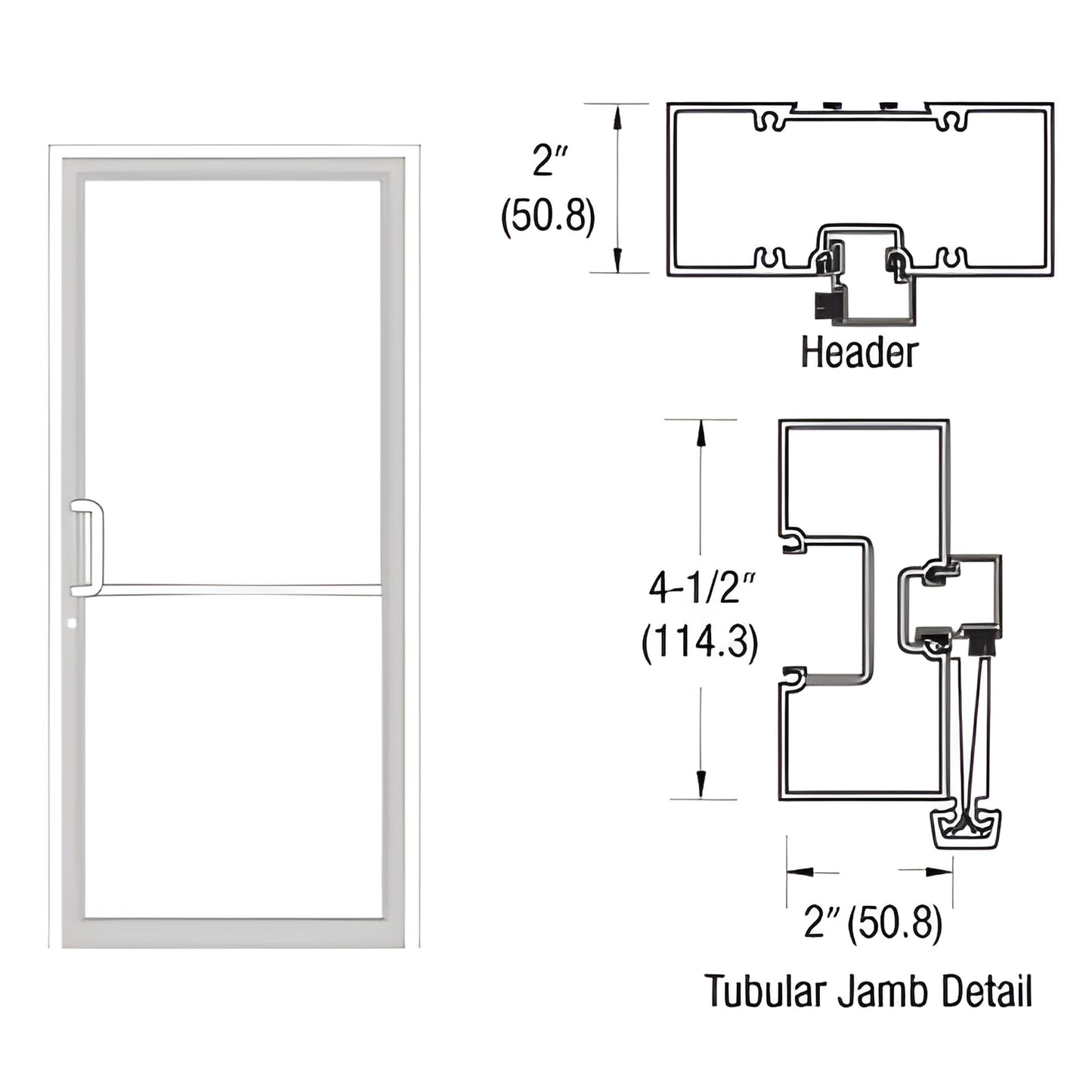 FR71852 white Kynar aluminum gear-hinge frame, tubular jamb and header cross-sections, includes aluminum threshold