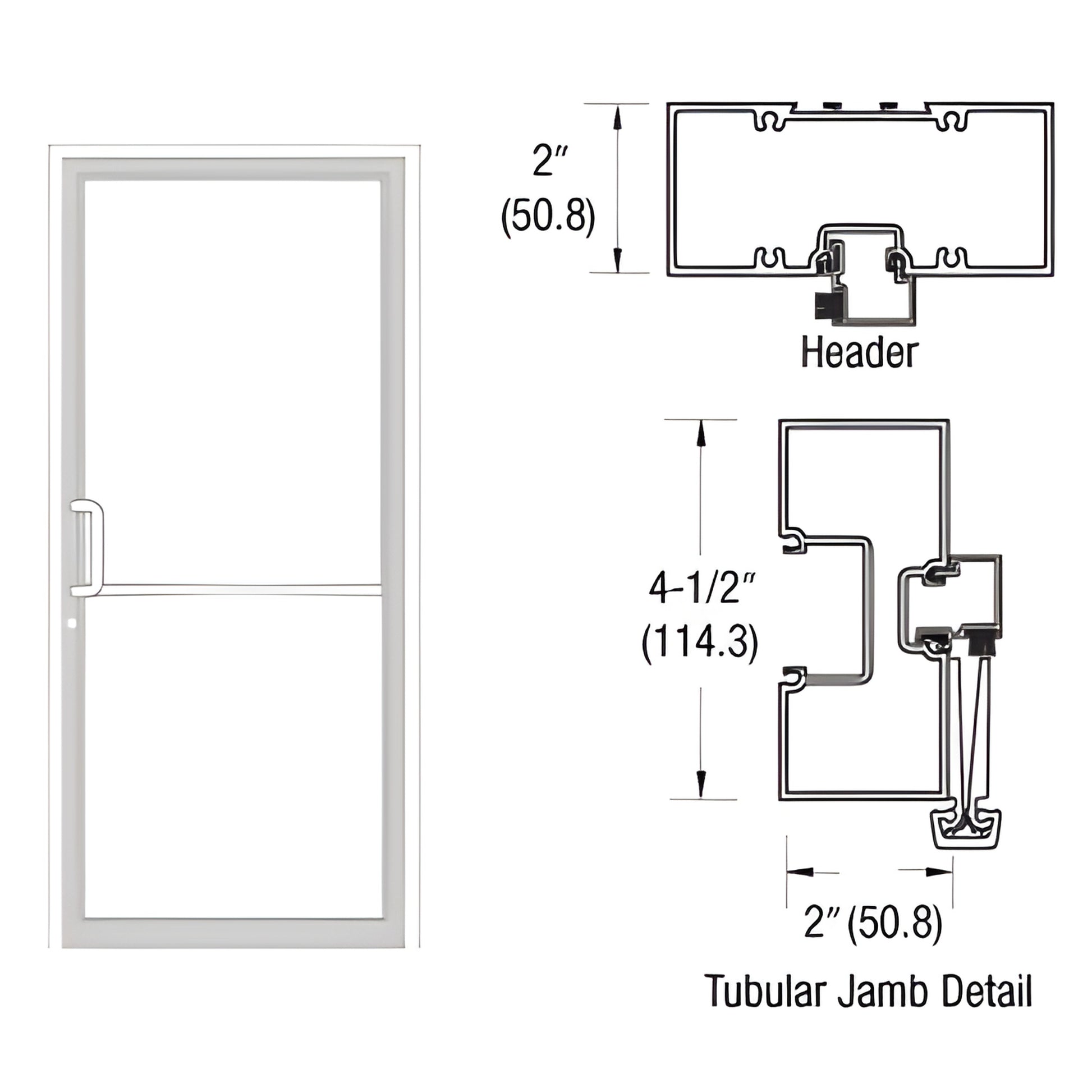 FR71852 white Kynar aluminum gear-hinge frame, tubular jamb and header cross-sections, includes aluminum threshold