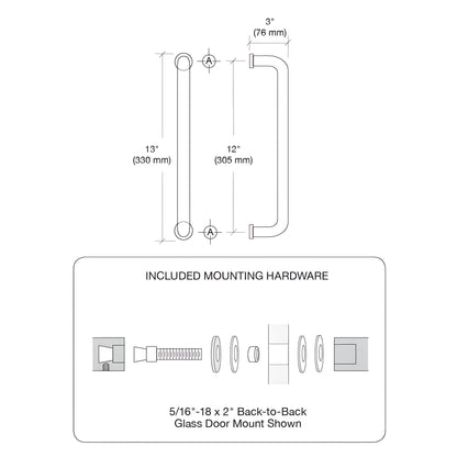 Polished stainless steel glass-mounted pull handle 12in center-to-center for 3/8-3/4in glass SKU CS12X12PS