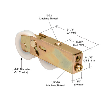 CRL D1899 adjustable steel-housed tandem nylon roller assembly for sliding glass door, concave 1.5" wheels.
