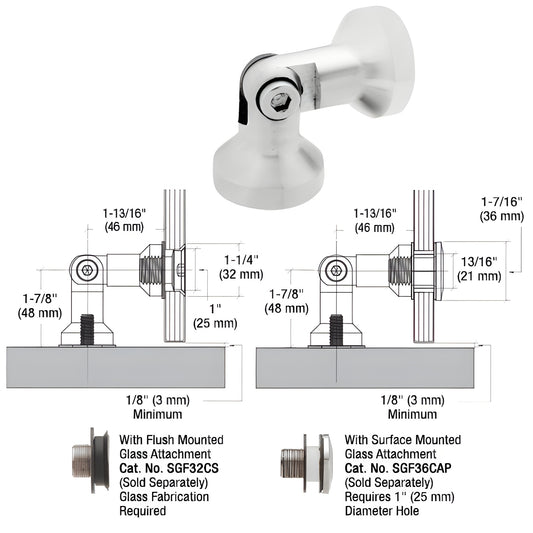 Brushed 316 stainless single-pivot glass-to-wall swivel fitting for 3/8-1/2 tempered glass, SKU SGF41BGW