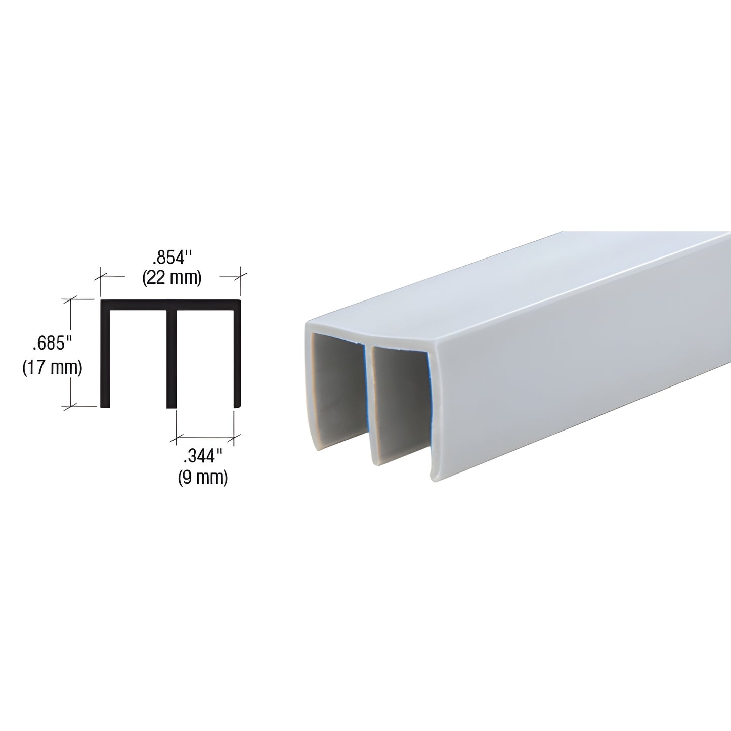Gray extruded PVC upper track D712GRY for 1/4" (6mm) sliding panels, 144" length, dual-channel profile.