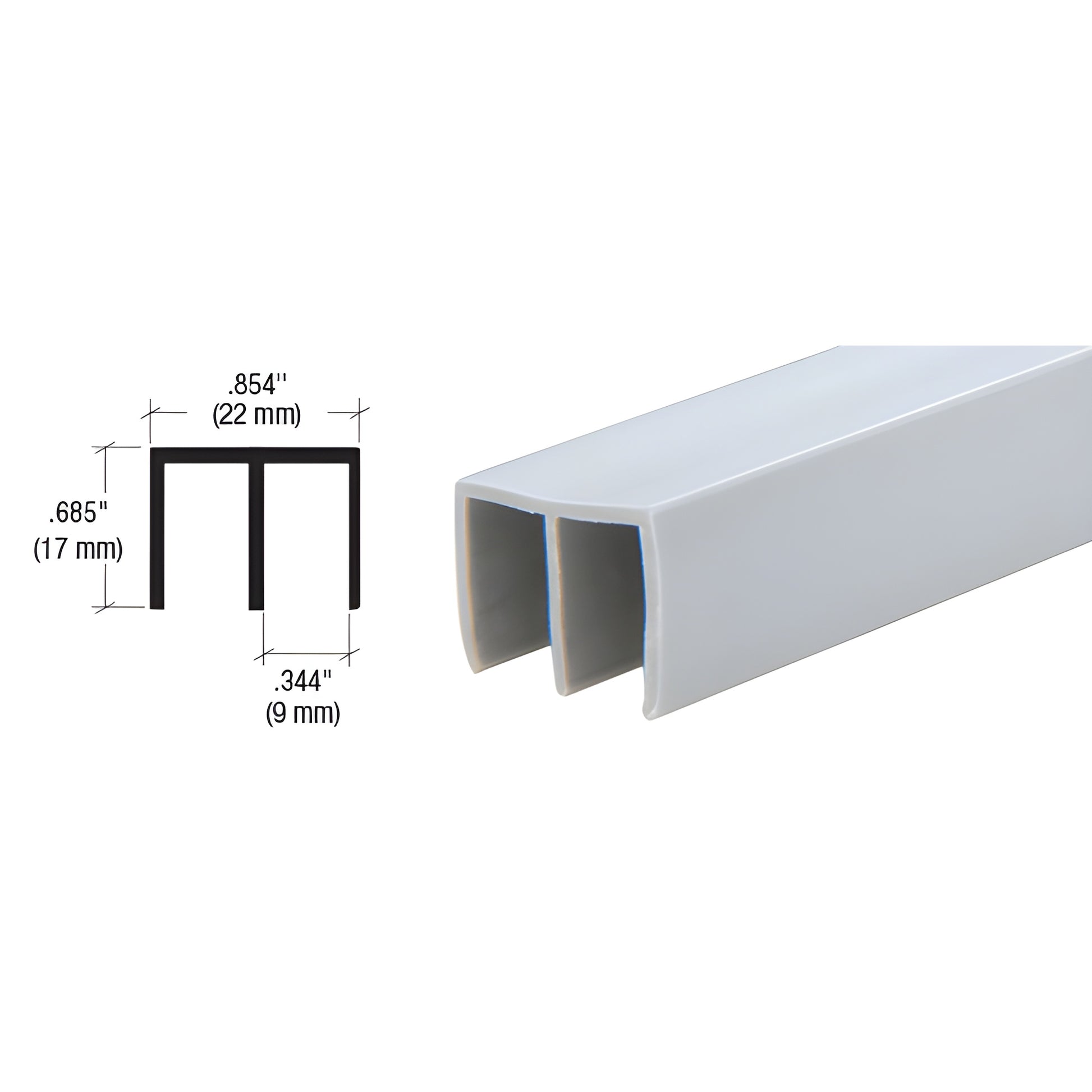 Gray extruded PVC upper track D712GRY for 1/4" (6mm) sliding panels, 144" length, dual-channel profile.