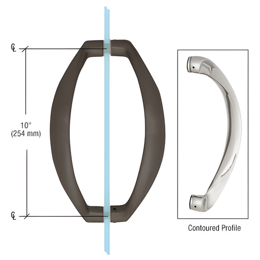 Oil rubbed bronze sculptured back-to-back glass pull handle (CQ10X100RB), contoured 10" center, fits 3/8-1/2" glass
