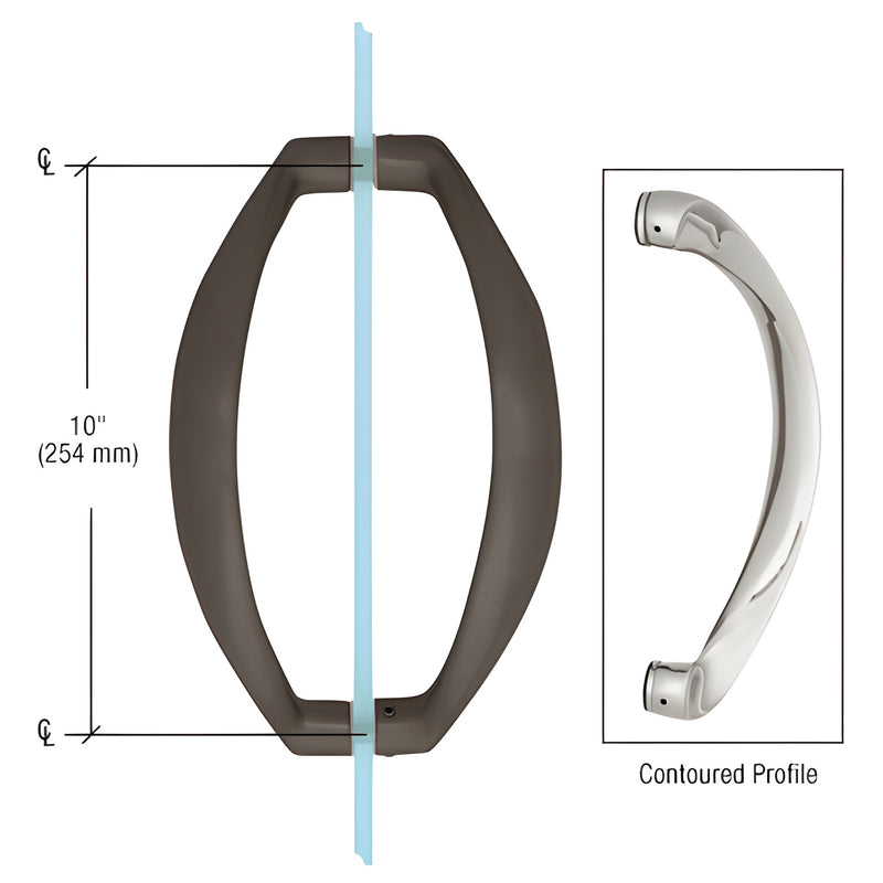 Oil rubbed bronze sculptured back-to-back glass pull handle (CQ10X100RB), contoured 10" center, fits 3/8-1/2" glass