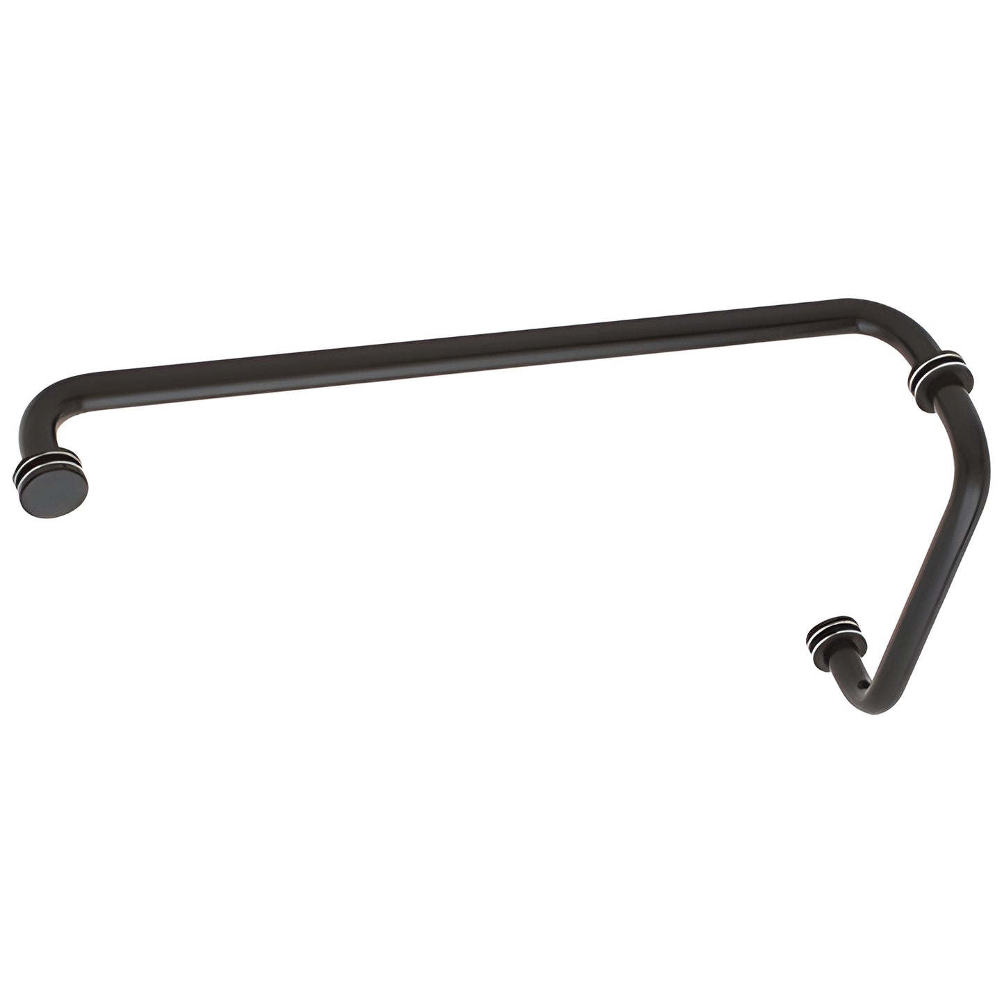 Matte black tubular brass shower door pull with integrated 18 in towel bar, 8 in pull spacing (SKU BM8X18MBL)