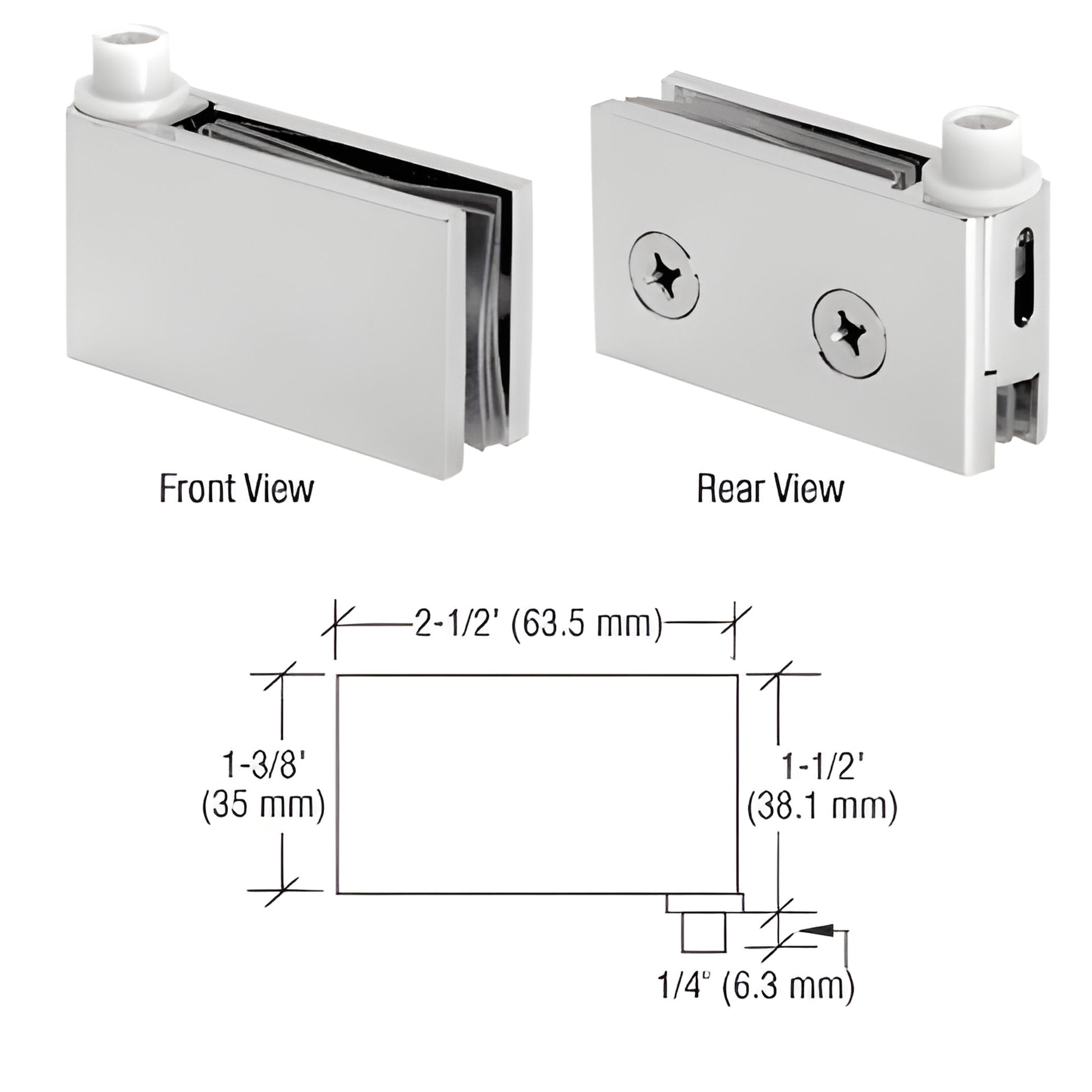 FA55SC Satin chrome flush-mount cabinet pivot hinge set for 1/4-5/16" glass doors, brass, low-profile top/bottom pair