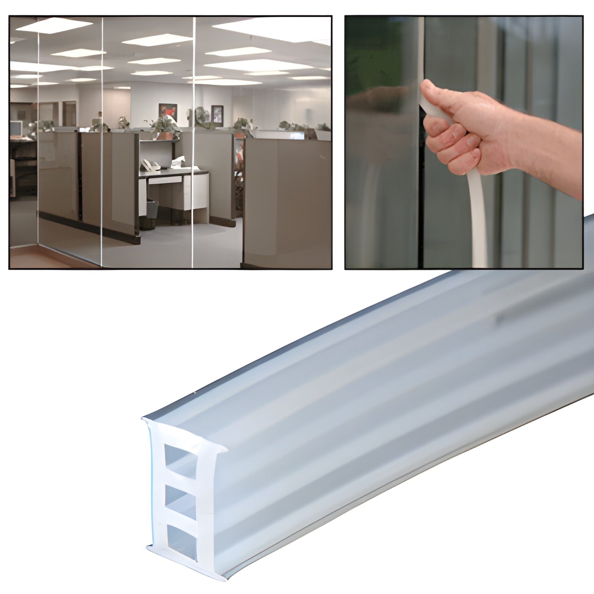 Clear silicone EZ12XC glass-to-glass soundstrip gasket for 12 mm glass, seals partitions, 100 ft roll