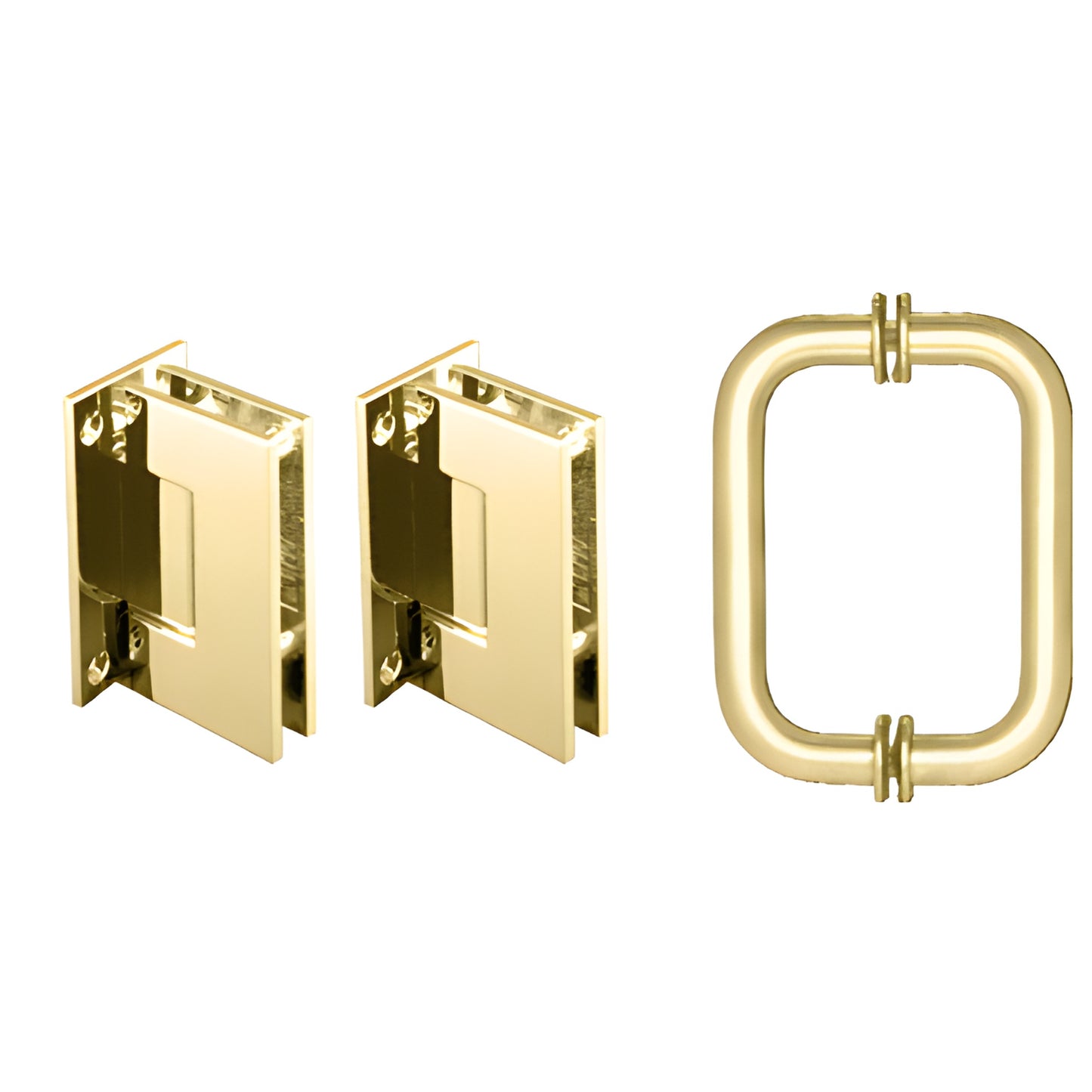 Polished brass wall-mount shower hinges and rectangular pull set for 5/16-1/2 tempered glass (GENS3BR)