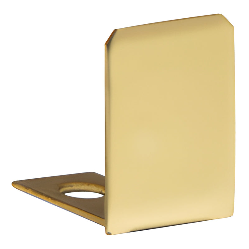 Polished brass U-channel end cap (SDCEC12BR) for 10-12mm tempered glass, L-shaped with mounting hole.