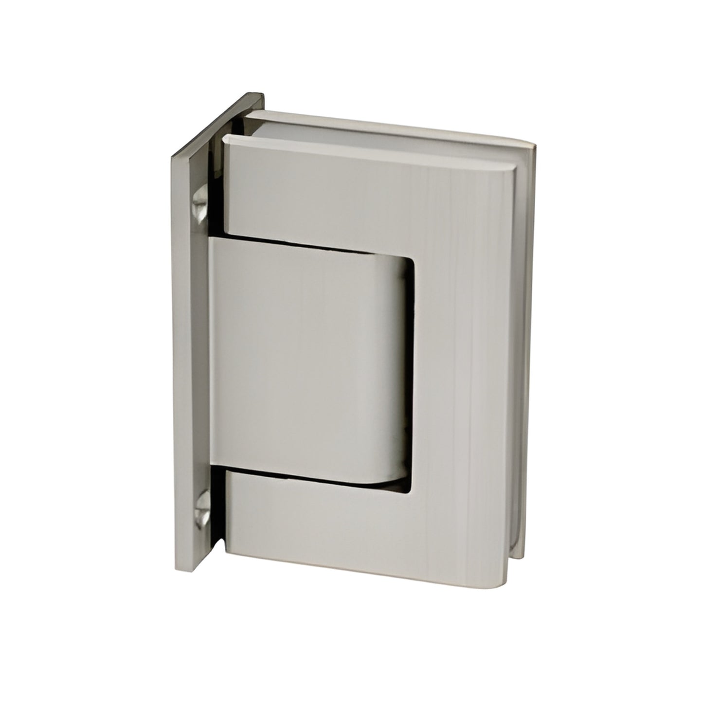 Satin anodized wall-to-glass Biloba hinge (SKU 31M8010SA) for 5/16-9/16 in tempered glass, 90 swing, self-closing