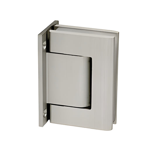Satin anodized wall-to-glass Biloba hinge (SKU 31M8010SA) for 5/16-9/16 in tempered glass, 90 swing, self-closing