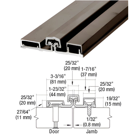 CRL SKU 25095DU dark bronze full-surface continuous hinge, heavy-duty 83 in length with cross-section diagram