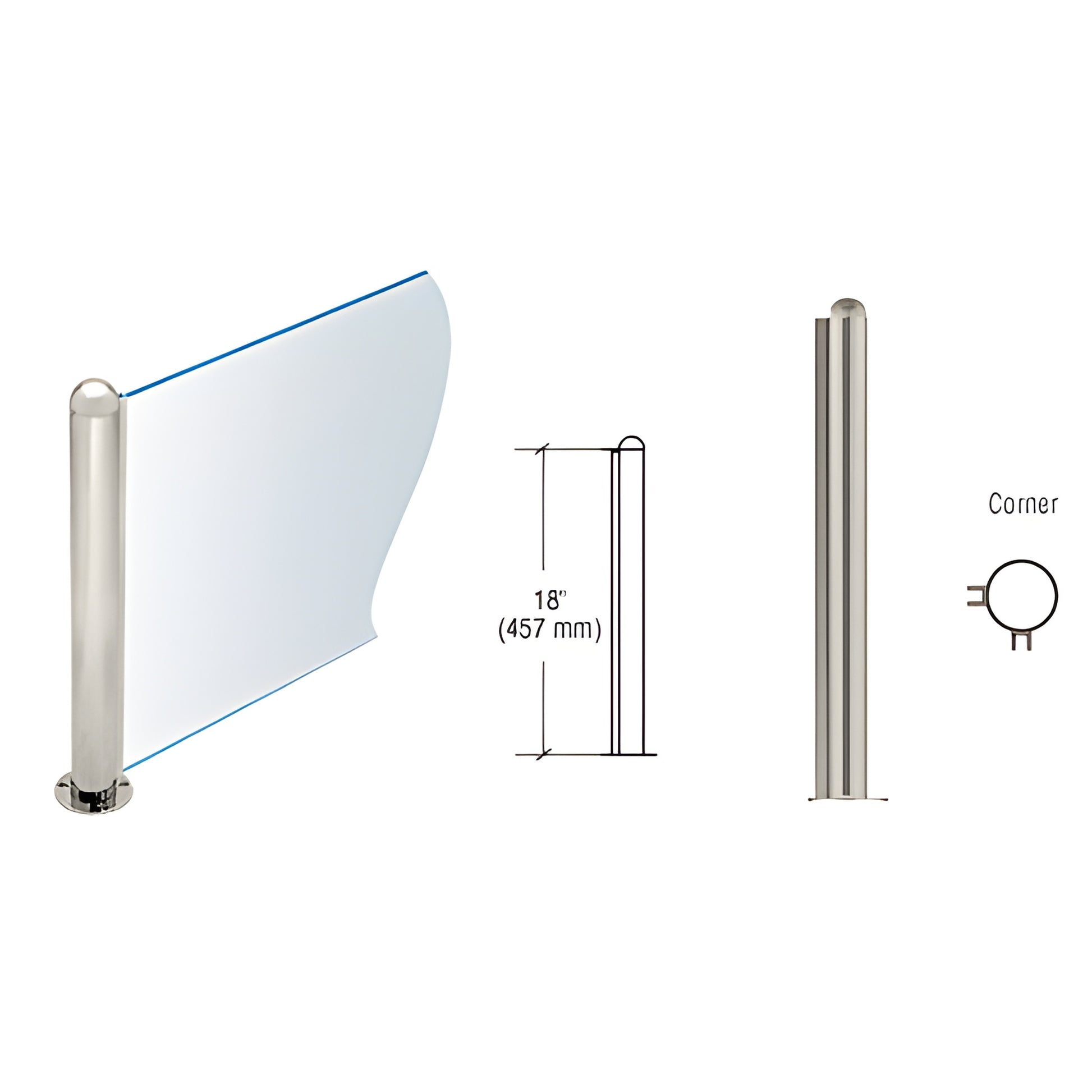 18" stainless steel round corner partition post (PP09LBS) with dome cap, welded flange base and 1/4" U channel for glass.