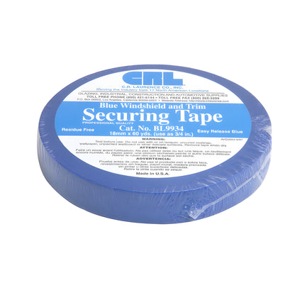Blue roll of CRL securing tape (SKU BL9934), 3/4-inch wide crepe tape with exposed end