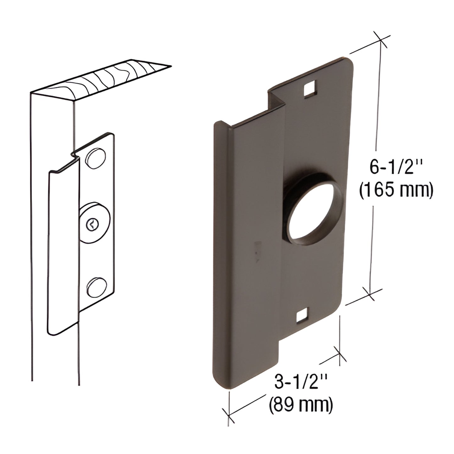 Dark bronze steel latch guard with cylinder hole and strike lip, 6-1/2" x 3-1/2", SKU 8852DU