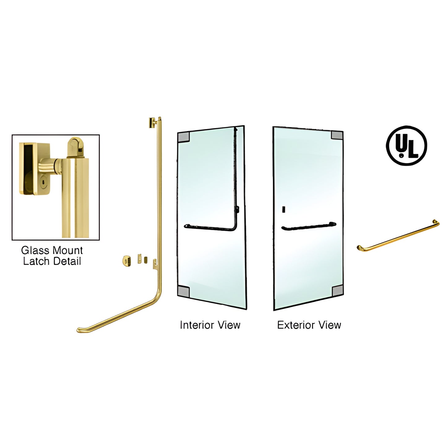PA100A3GKSB satin brass panic handle for 1/2-3/4" tempered glass doors, tubular ADA interior bar with exterior cylinder acces
