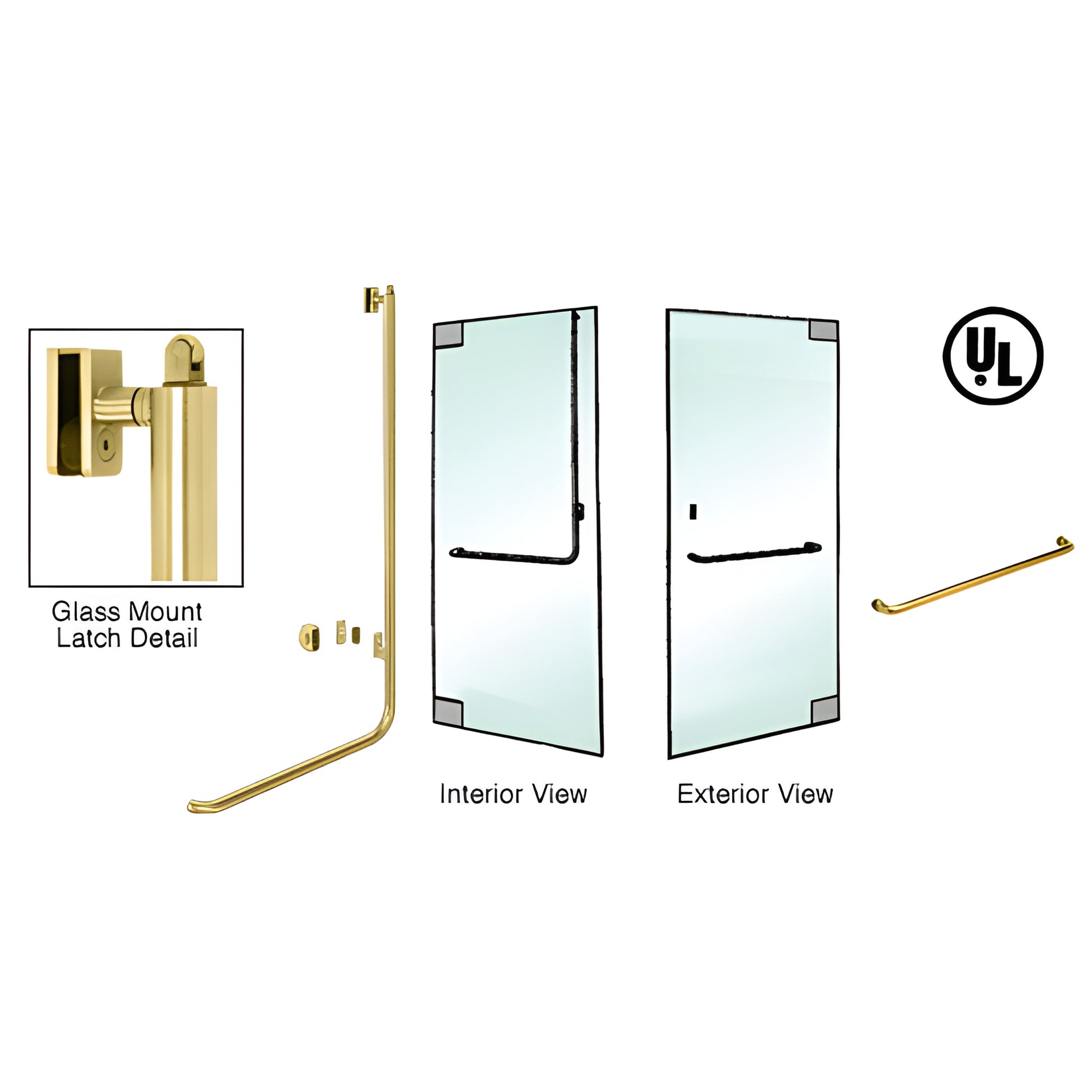 PA100A3GKSB satin brass panic handle for 1/2-3/4" tempered glass doors, tubular ADA interior bar with exterior cylinder acces