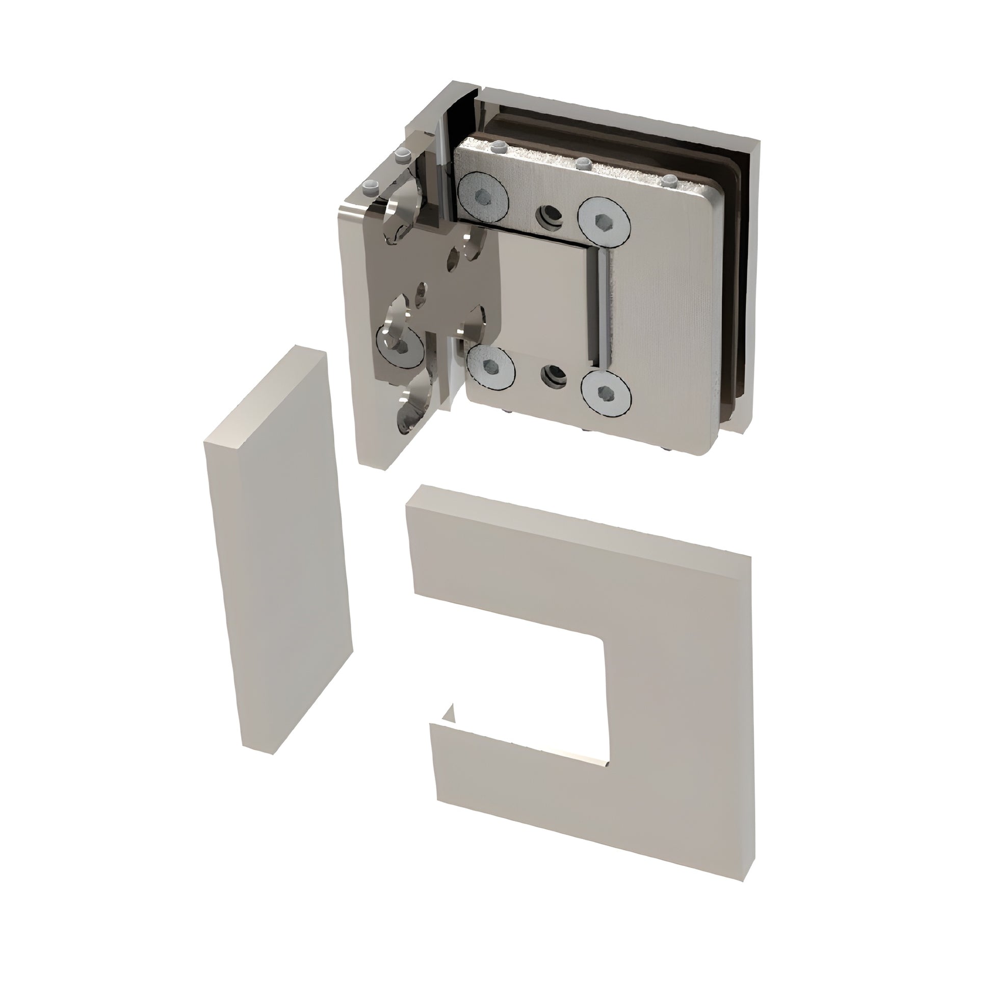 BEL344BN Bellagio brushed-nickel square glass shower hinge, concealed mount for 8-10mm frameless doors.