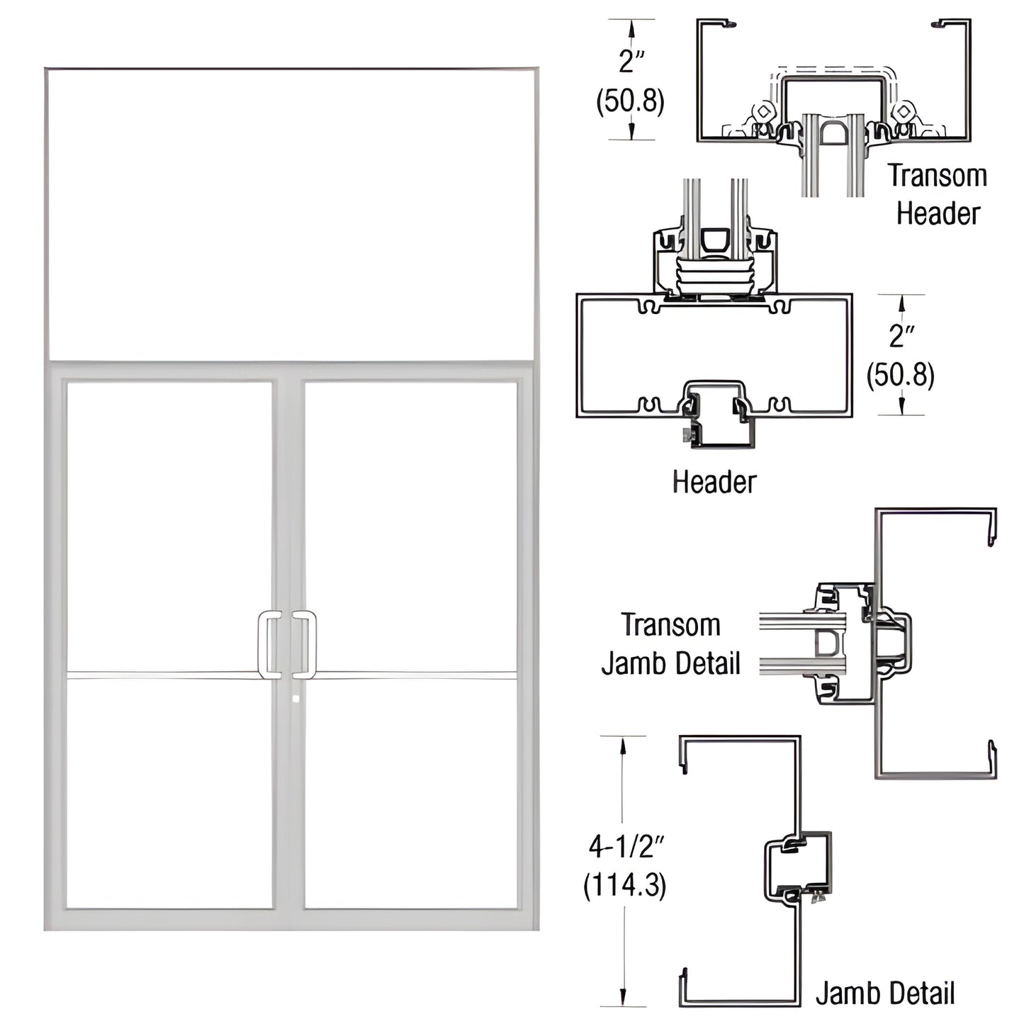 Aluminum clear anodized Class 1 butt-hinge transom door frame with threshold and technical diagrams, SKU 0B92511