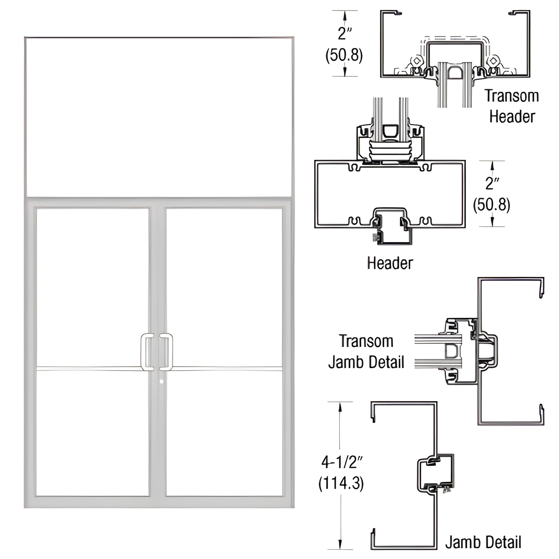 Aluminum clear anodized Class 1 butt-hinge transom door frame with threshold and technical diagrams, SKU 0B92511