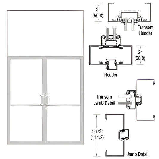 Aluminum clear anodized Class 1 butt-hinge transom door frame with threshold and technical diagrams, SKU 0B92511