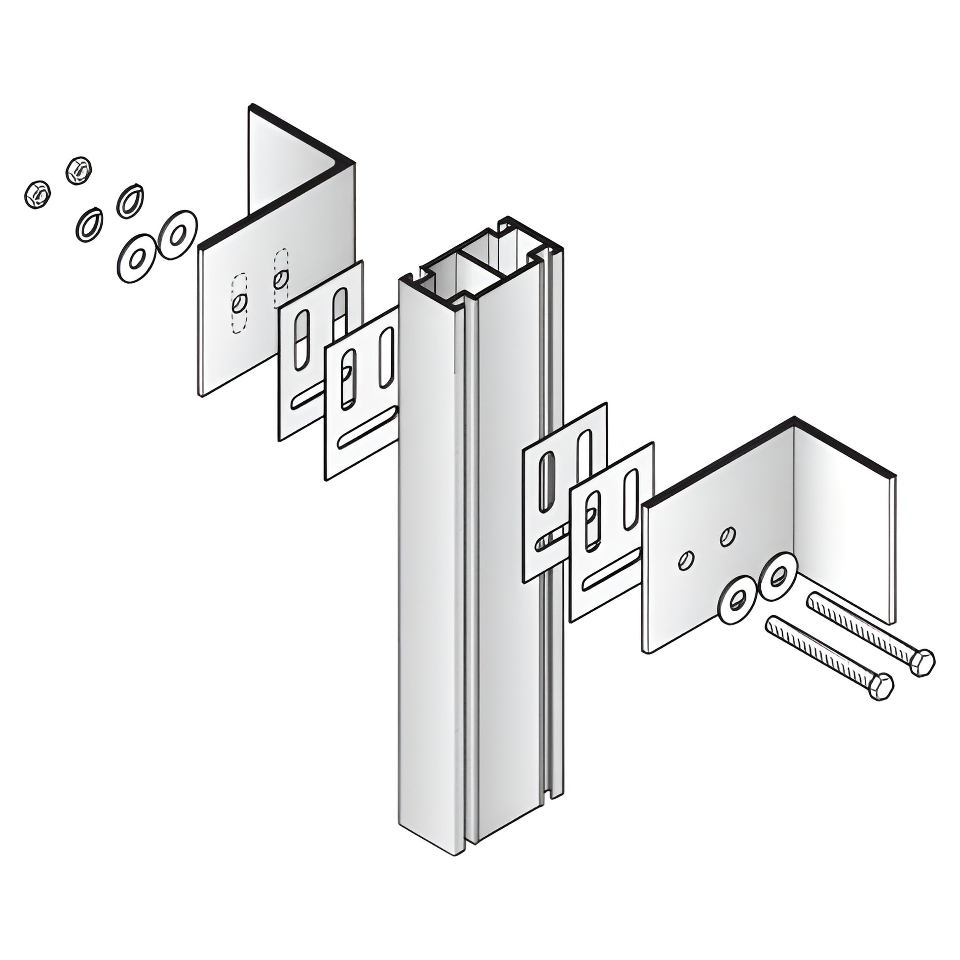 AP682 anchor kit (mill finish) exploded view of aluminum anchor with plates, bolts, washers and inserts - 12/pack
