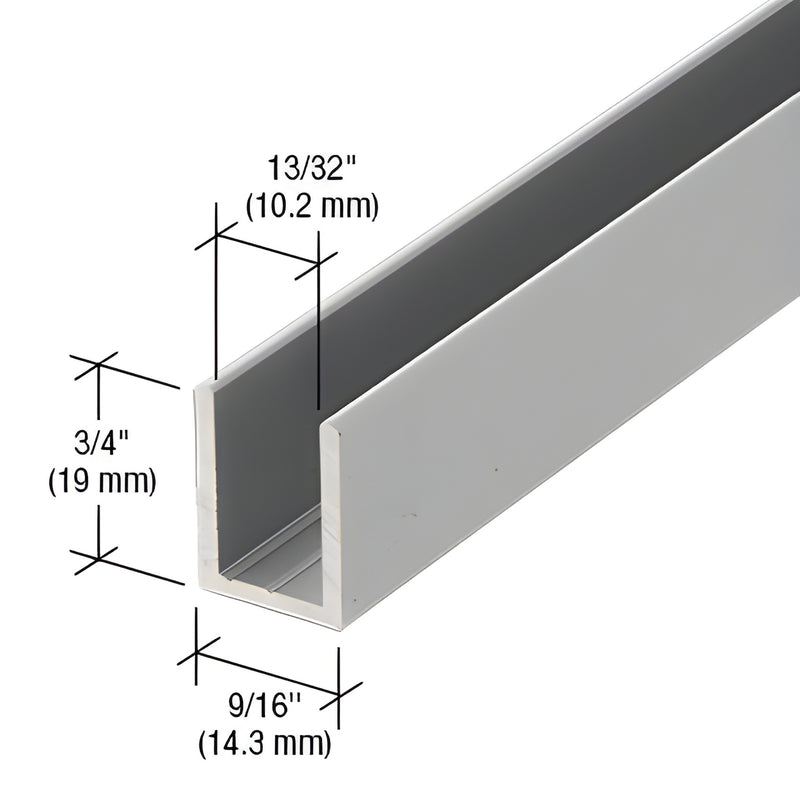 SDCD3812A satin anodized aluminum deep U-channel, 3/4" tall, 9/16" wide, fits 3/8-1/2" glass, 144" length.