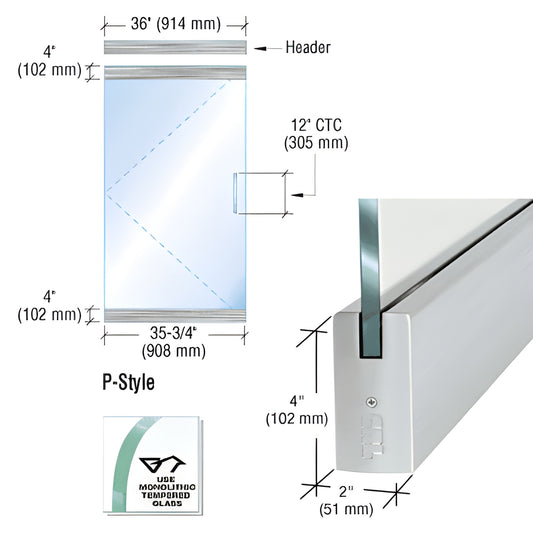 SKU P4BS12SE: frameless P-style glass door kit, brushed stainless aluminum rails and bottom pivot for 1/2" tempered glass