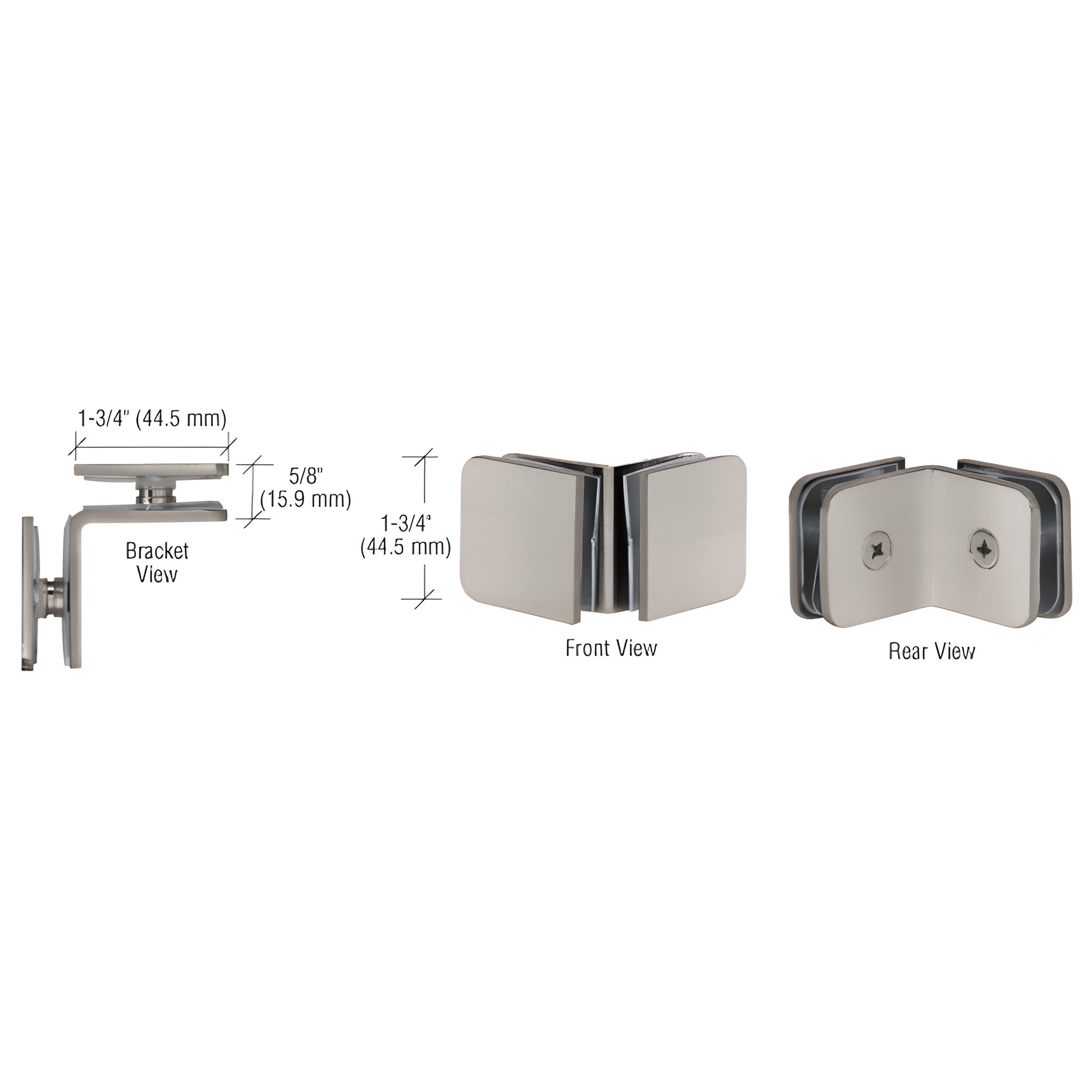 Brushed nickel 90 degree solid brass glass clamp for 8-12 mm frameless shower panels, front/rear views