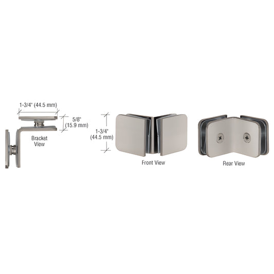 Brushed nickel 90 degree solid brass glass clamp for 8-12 mm frameless shower panels, front/rear views