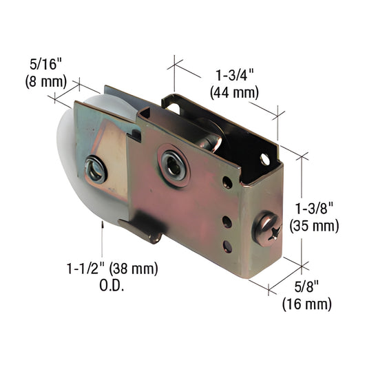 CRL sliding mirror door roller N6576 - adjustable stamped-steel housing with 1.5in nylon concave wheel, 5/8in wide.