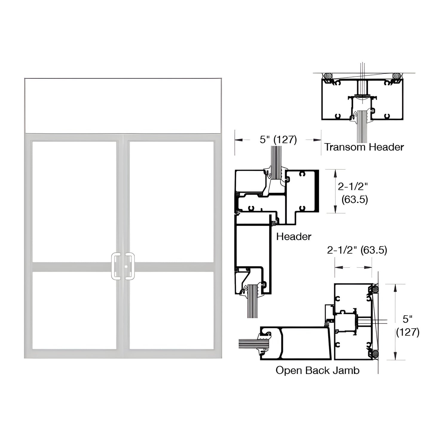 Clear anodized double transom impact door frame, 2-1/2" x 5" profile, SKU 0P62511