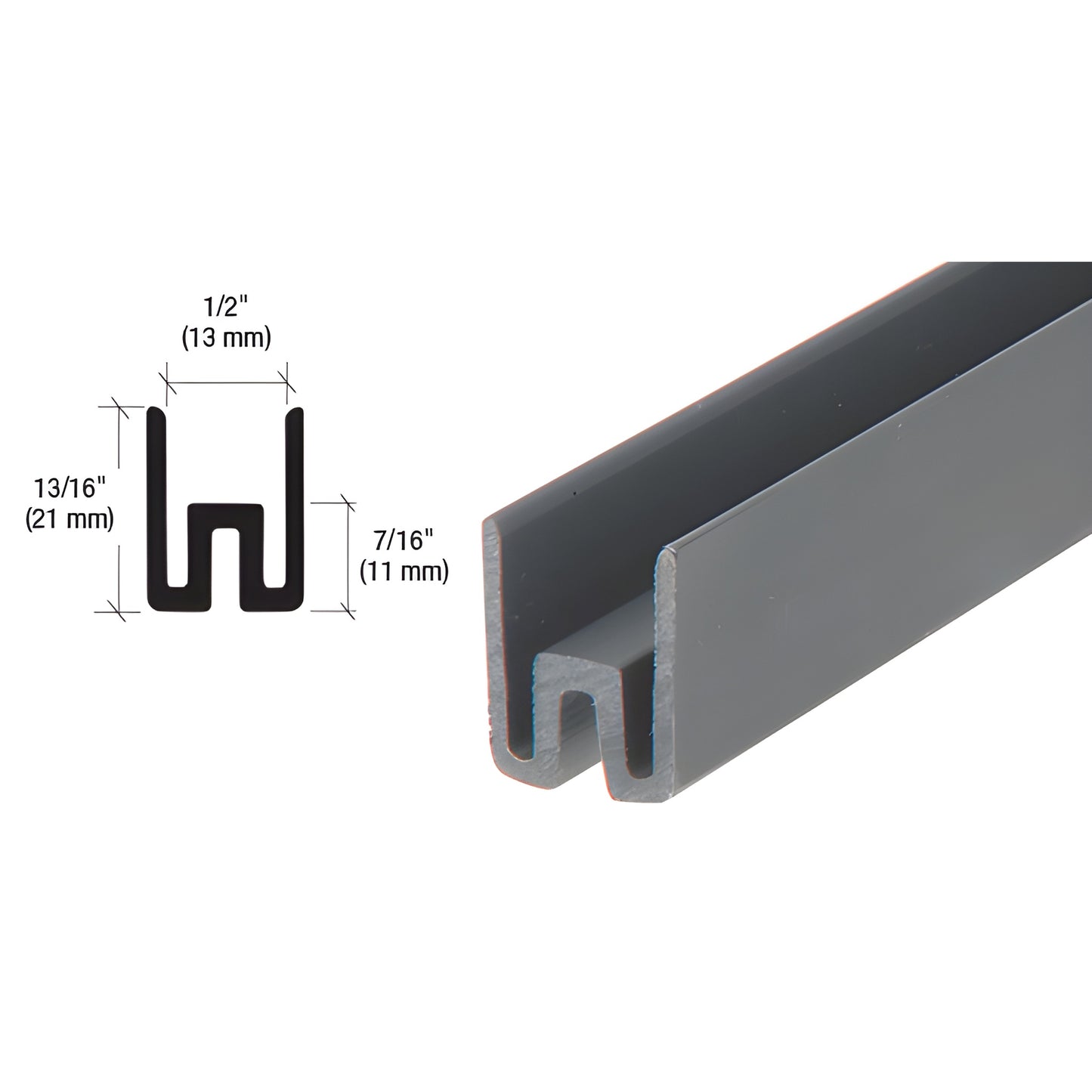 CR5PVB black vinyl CRS cap-rail insert, U-profile for 1/2" (13mm) glass, 21mm high, protective bottom setting block