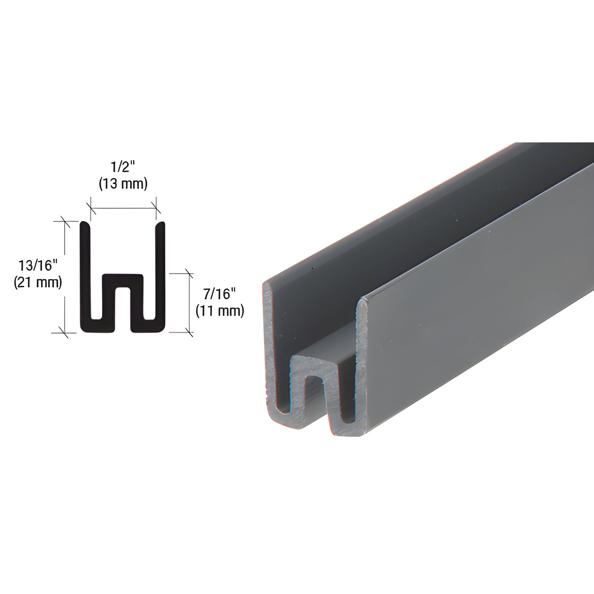 CR5PVB black vinyl CRS cap-rail insert, U-profile for 1/2" (13mm) glass, 21mm high, protective bottom setting block