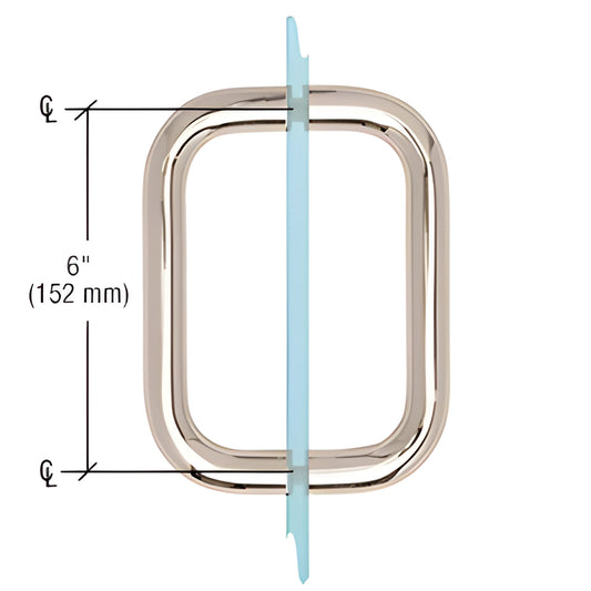 Polished nickel back-to-back tubular glass door pull, brass 3/4" dia, 6" center-to-center, for frameless shower doors