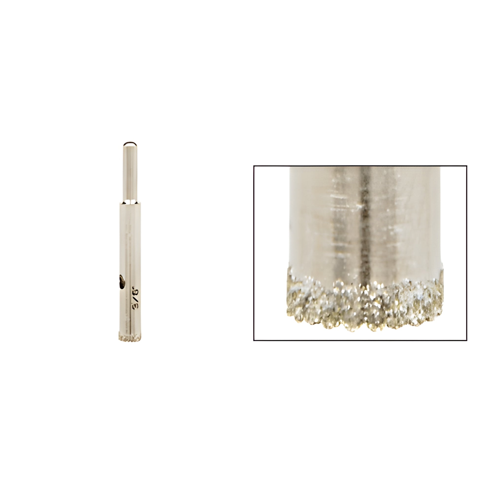 AG38 3/8 in. plated diamond sawtooth glass drill bit with reduced round shank, close-up of abrasive tip