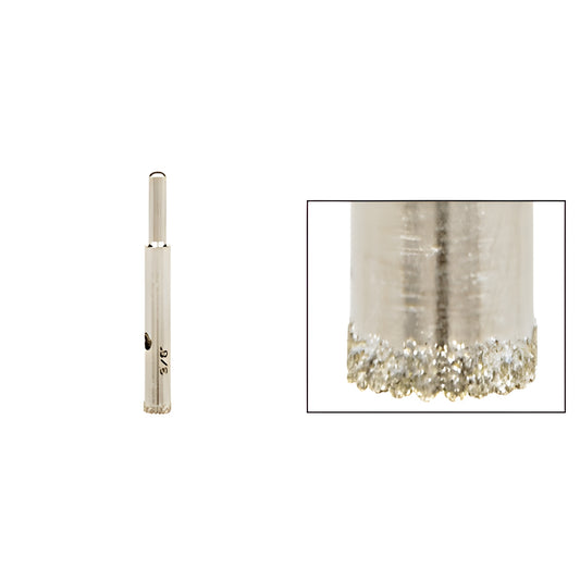 AG38 3/8 in. plated diamond sawtooth glass drill bit with reduced round shank, close-up of abrasive tip