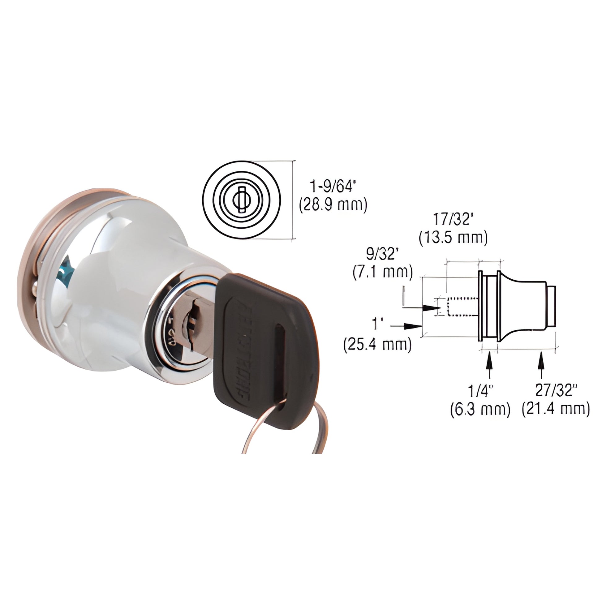 Polished chrome LK50 glass cabinet lock knob with key, aluminum body, fits 1/4 in (6mm) glass; product schematic.