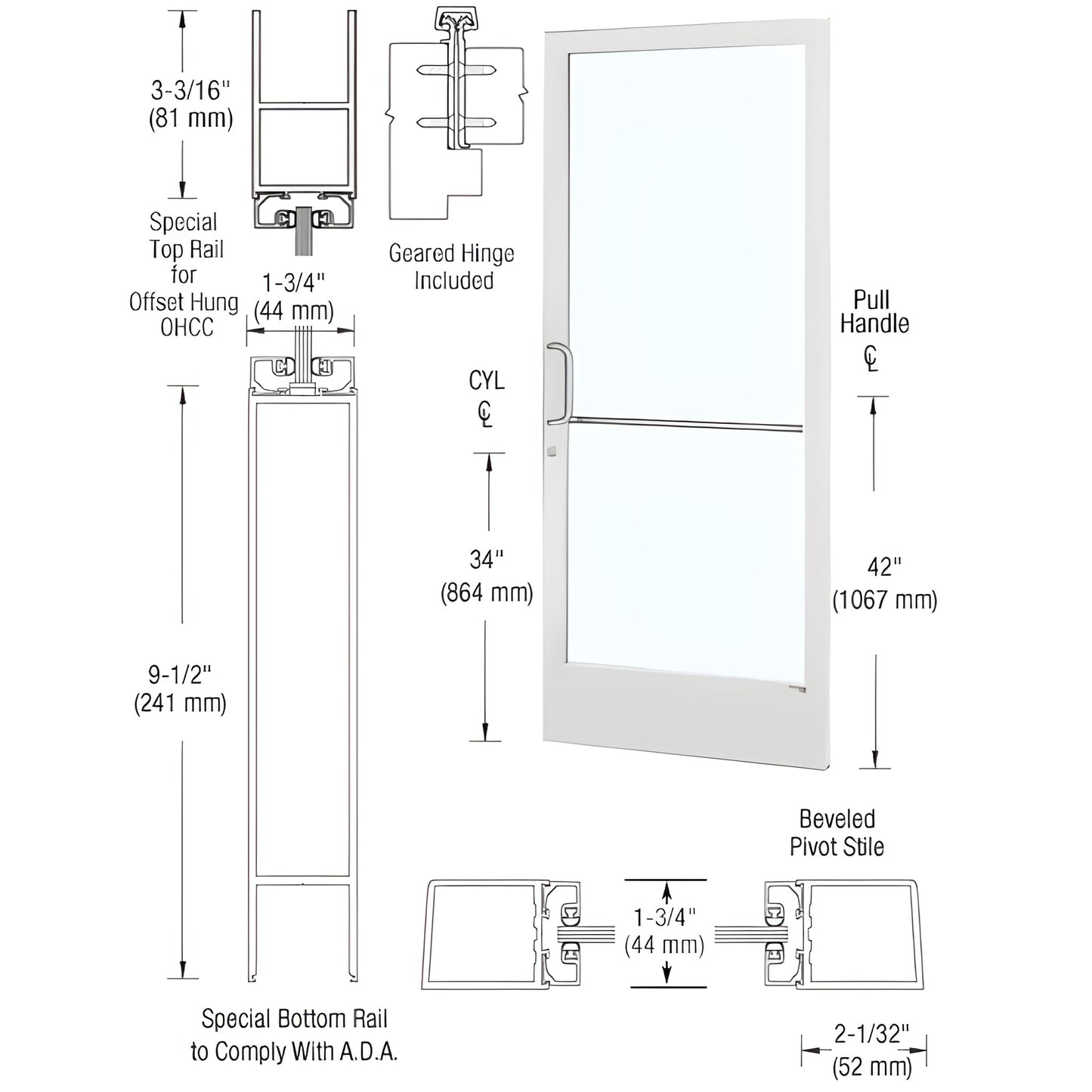 DE21952 white Kynar narrow stile commercial entrance door with 9-1/2" ADA bottom rail, glass panel, push/pull handle and lock