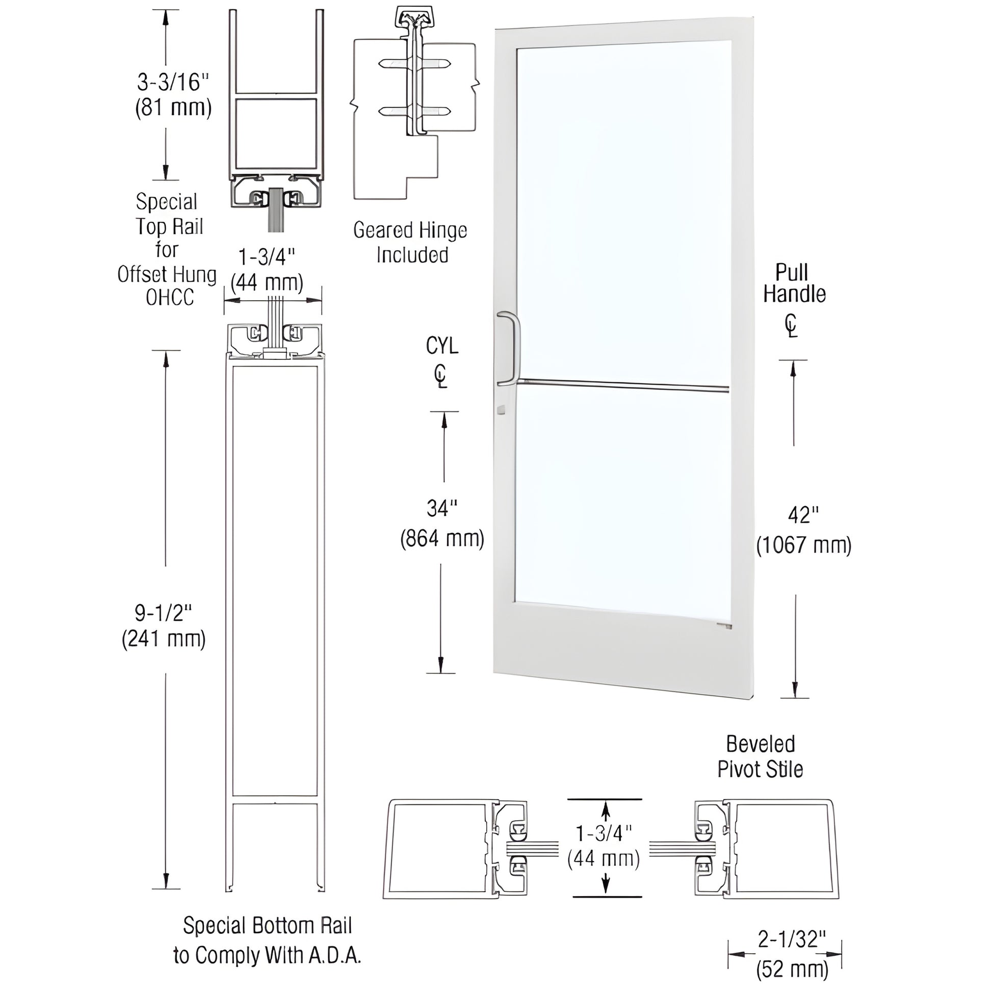 DE21952 white Kynar narrow stile commercial entrance door with 9-1/2" ADA bottom rail, glass panel, push/pull handle and lock