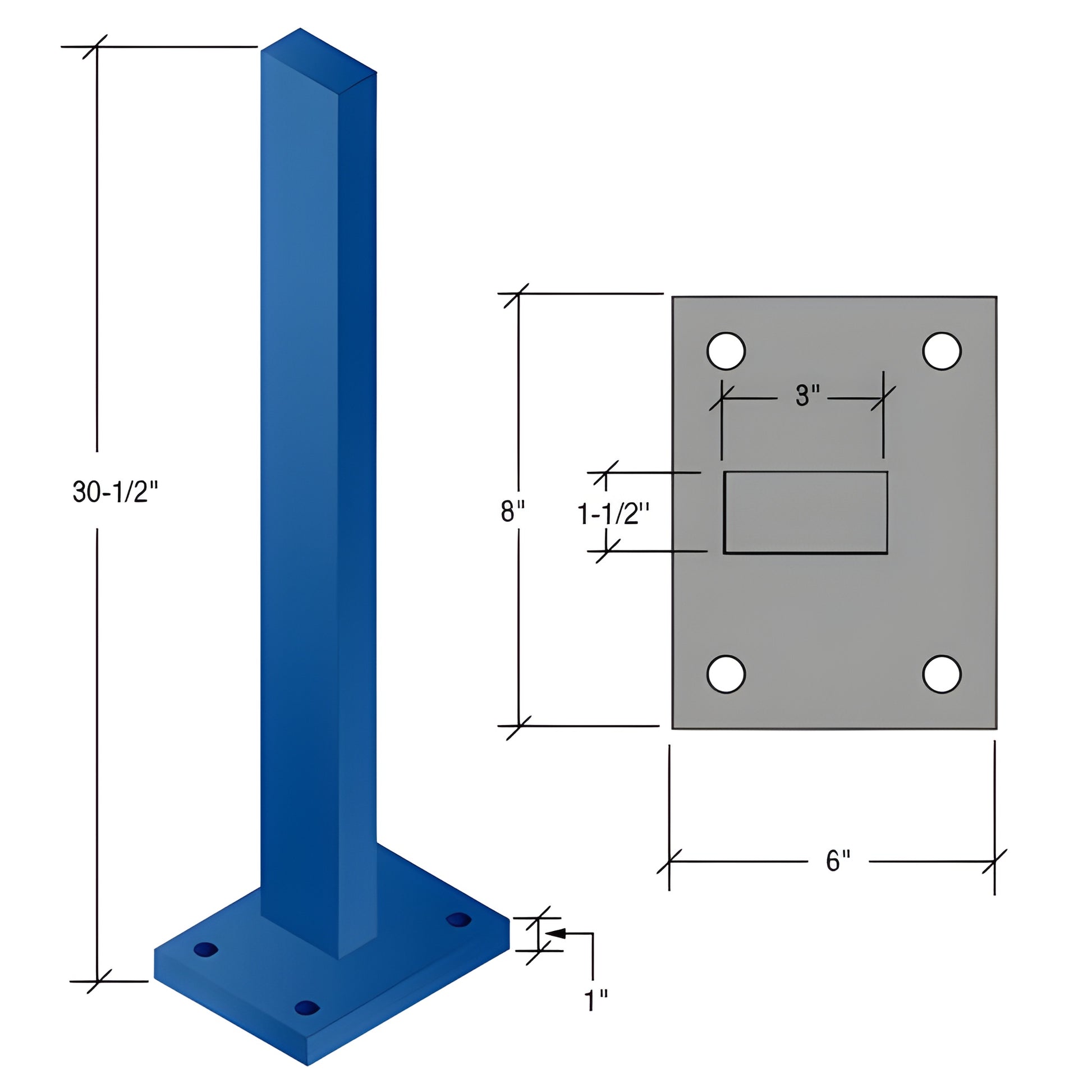 CS3C Cielo windscreens post: blue 301 2 square post with 6 8 base plate diagram, zinc plated steel, for glass windscreen.