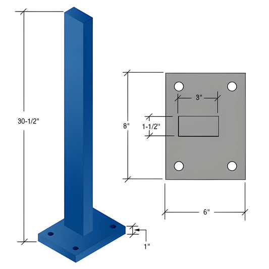 CS3C Cielo windscreens post: blue 301 2 square post with 6 8 base plate diagram, zinc plated steel, for glass windscreen.