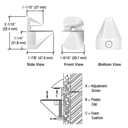 DL631W gloss-white zinc adjustable shelf clamp - side/front/bottom views, dimensions; fits 1/8-15/16 glass or wood shelves.