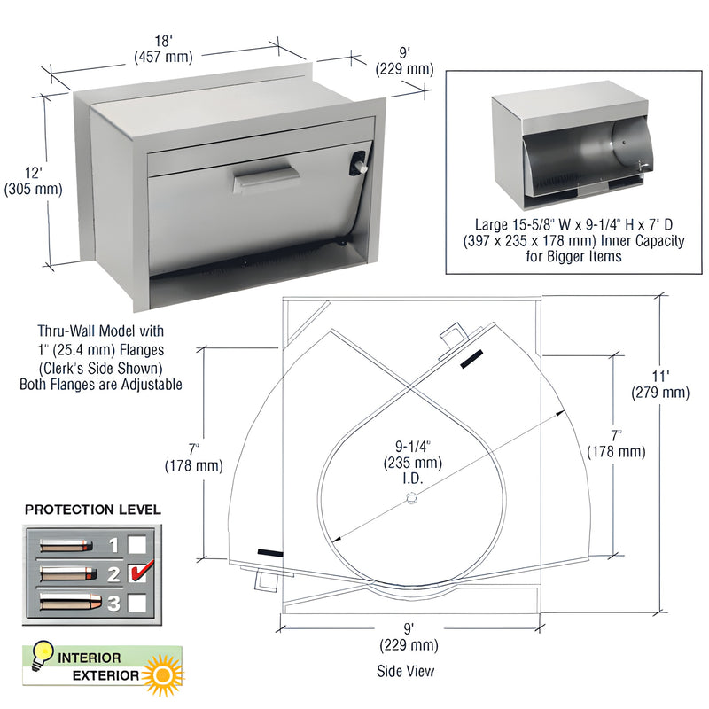 H0P1611TW stainless steel Level 2 bullet resistant pass thru hopper with handle, 16x11x9 in, lockable secure side.
