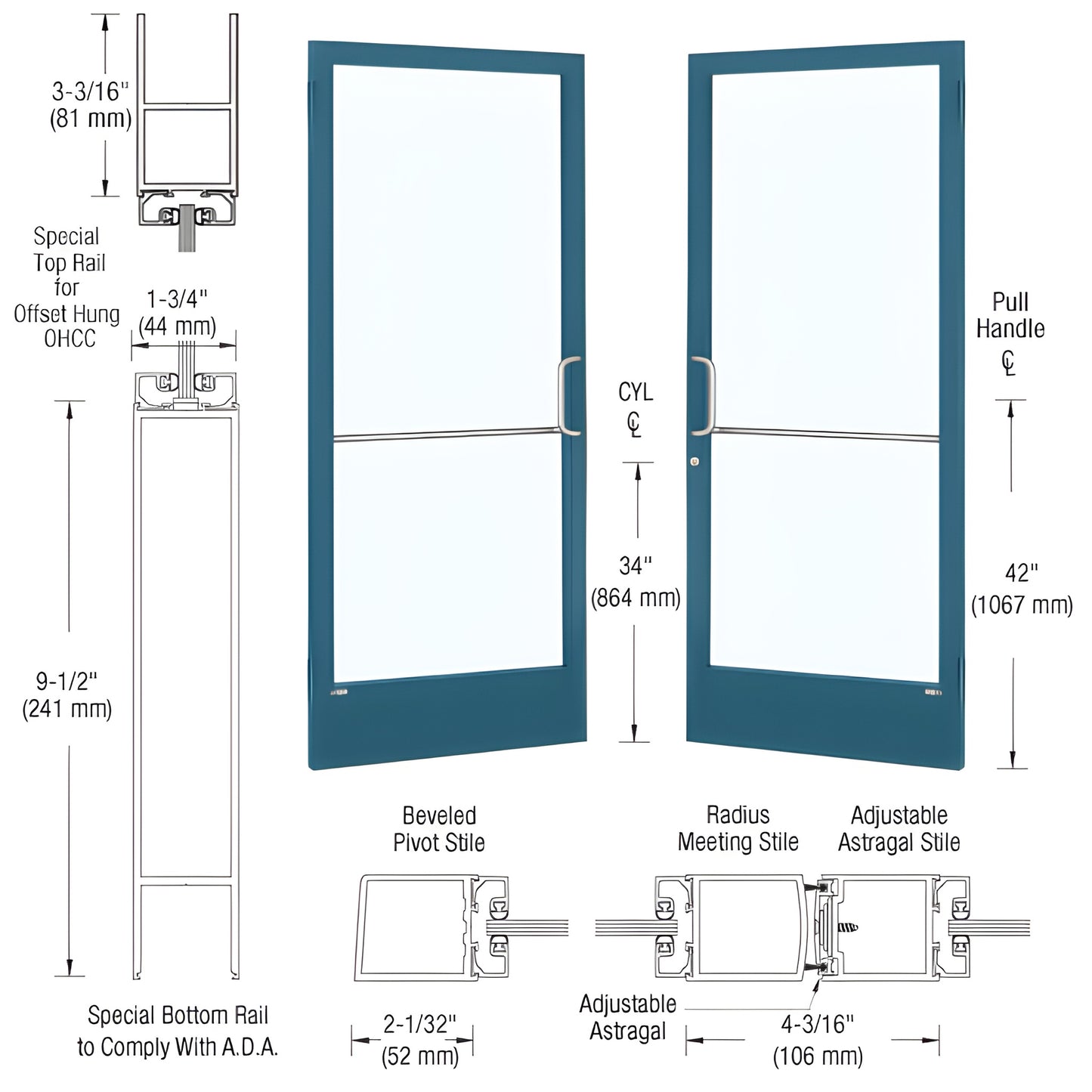 DE22471 custom narrow-stile commercial entrance door with blue Kynar frame, large glass panel, ADA bottom rail and pull handl